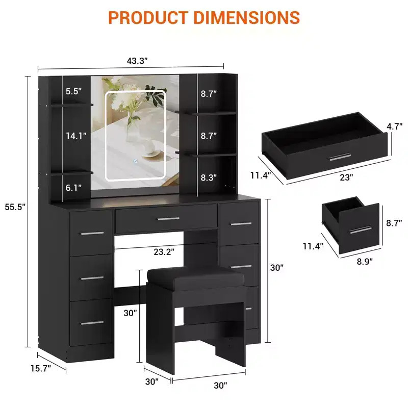 Vanity Desk with Mirror, LED Lights, Power Outlet & Stool – 7 Drawers, Dressing Table