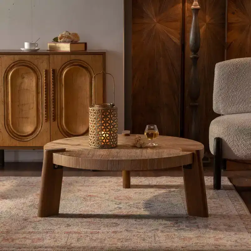 Round Wood Coffee Table, Rustic Natural, for Living Room and Apartment