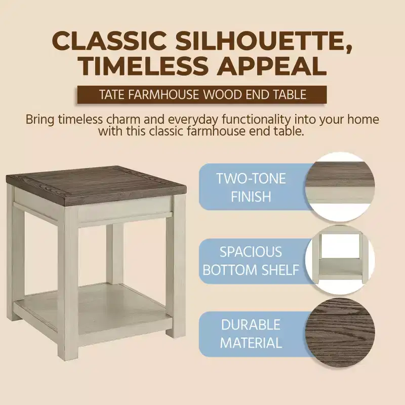 ROME + OAK Tate Farmhouse Wood End Table with Shelf, Brown and Cream, 2 Pack