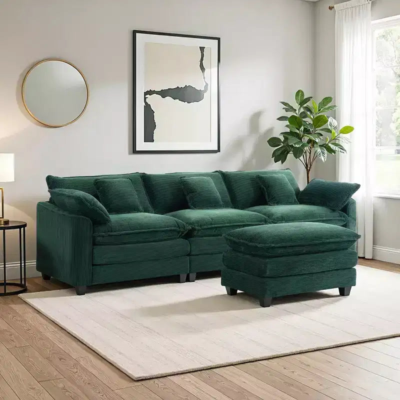 EHMKNP Chenille 3-Seat Sectional Sofa  Modular Deep Seat Sleeper Couch with Ottoman & Side Pocket