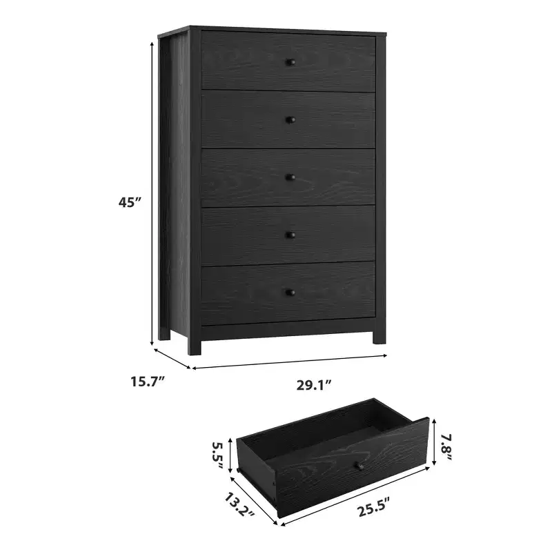 45H 5-Drawer Wood Dresser, Modern Chest of Drawers with Deep Storage, Tall Wooden Organizer for Bedroom, Living Room & Entryway