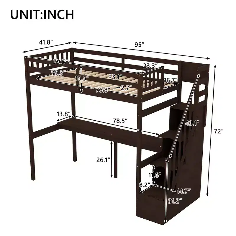 Twin Size Loft Bed with Storage Staircase and Built-in Desk, High Loft Bed Frame with Steps for Kids Teens Adults
