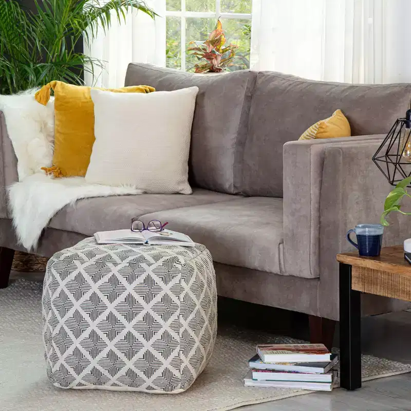 Square Geometric Pouf Black/Ivory