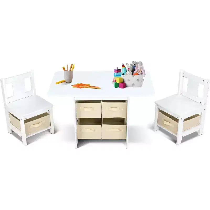 JOYMOR Kids Table and Chairs Set with 6 Drawers, Solid Wood Toddler Activity Desk for Arts & Study, Ages 3-8, White