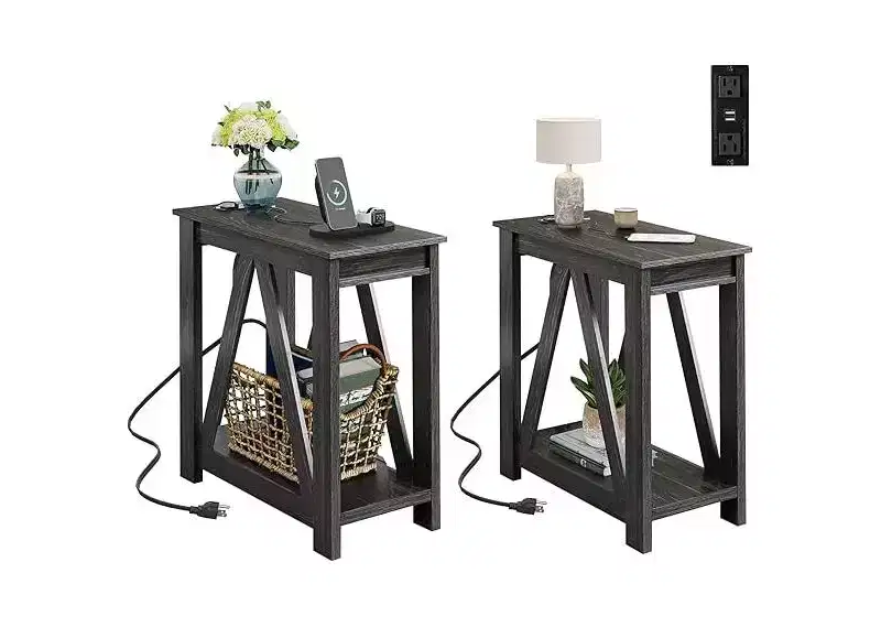 DEXYLLO End Tables Living Room Set of 2 with Charging Station, Sofa Side Tables with Open Storage Shelf, Slim Farmhouse End Table Sets