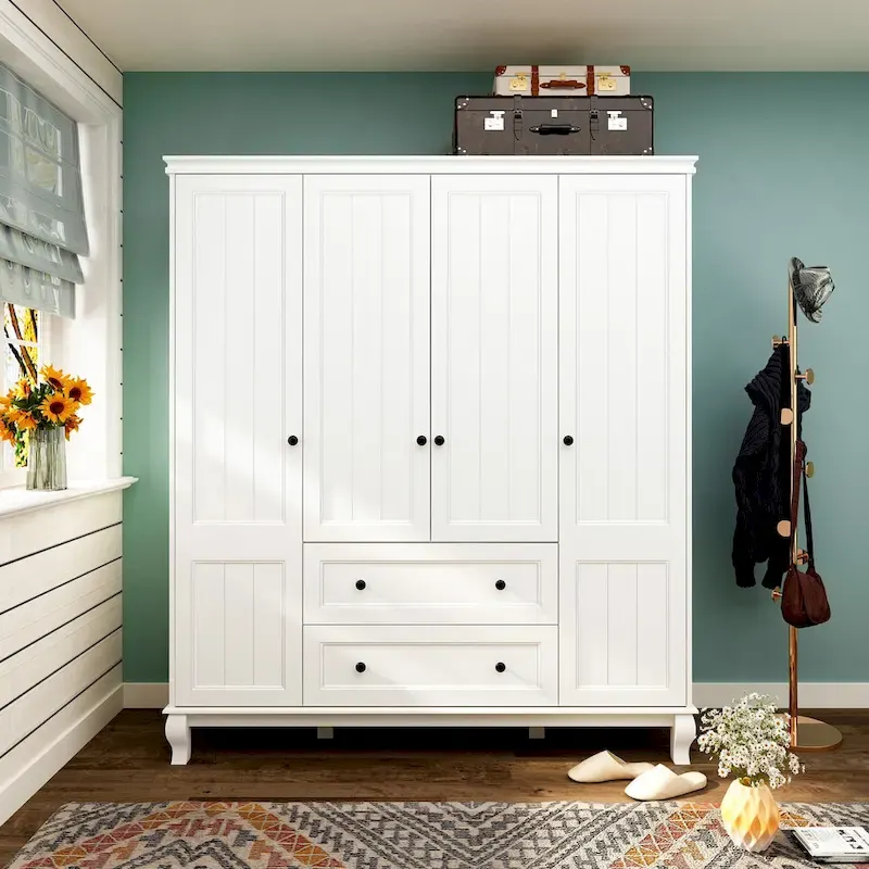 63W Wood Family Wardrobe Armoire Clo White Lacquer Clothing Rods