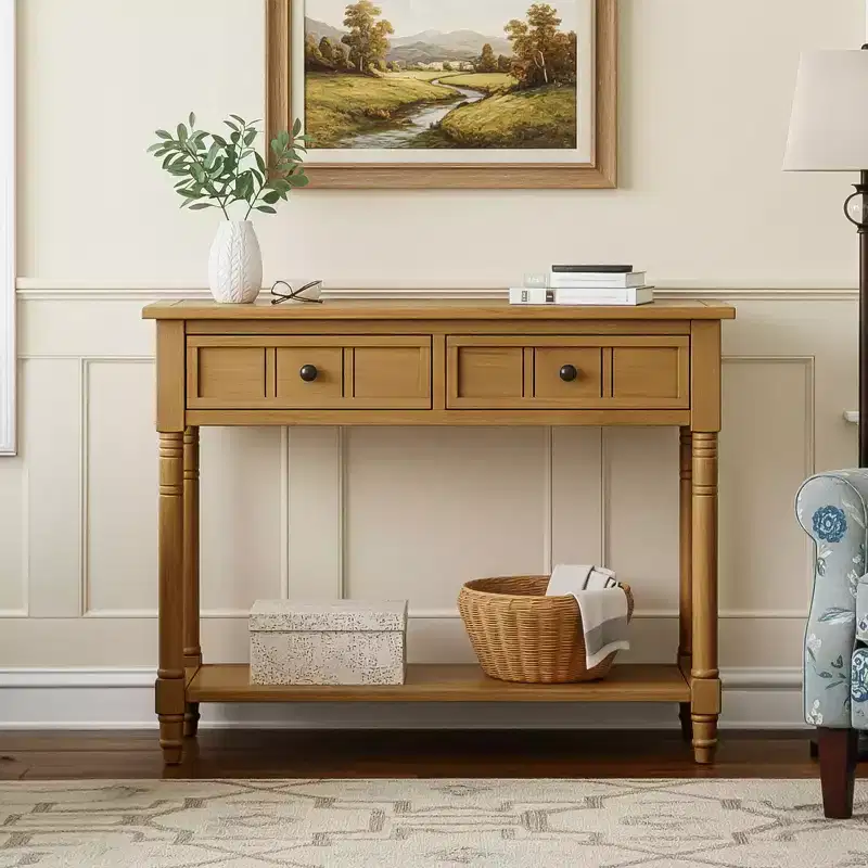 Traditional Entryway Console Table with 2 Drawers and Bottom Shelf, Solid Pine Wood