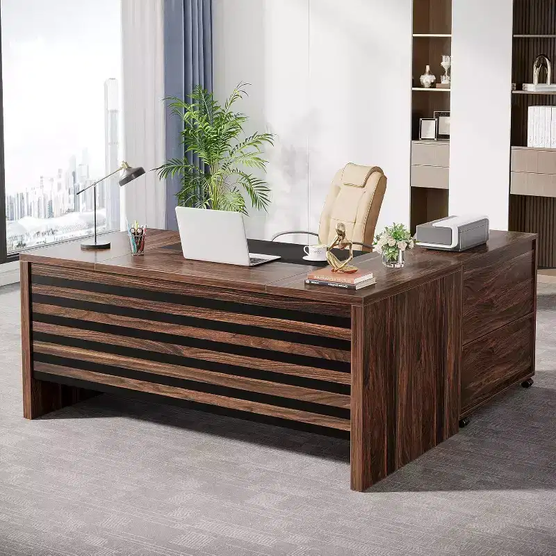 Lantine 62.2 Large Executive Desk with Mobile File Cabinet, L-Shaped Office Desk with Storage Shelves