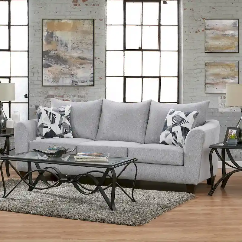 Roundhill Furniture Duleek 2-Piece Living Room Set, Sofa and Cocktail Ottoman, Herringbone Silver