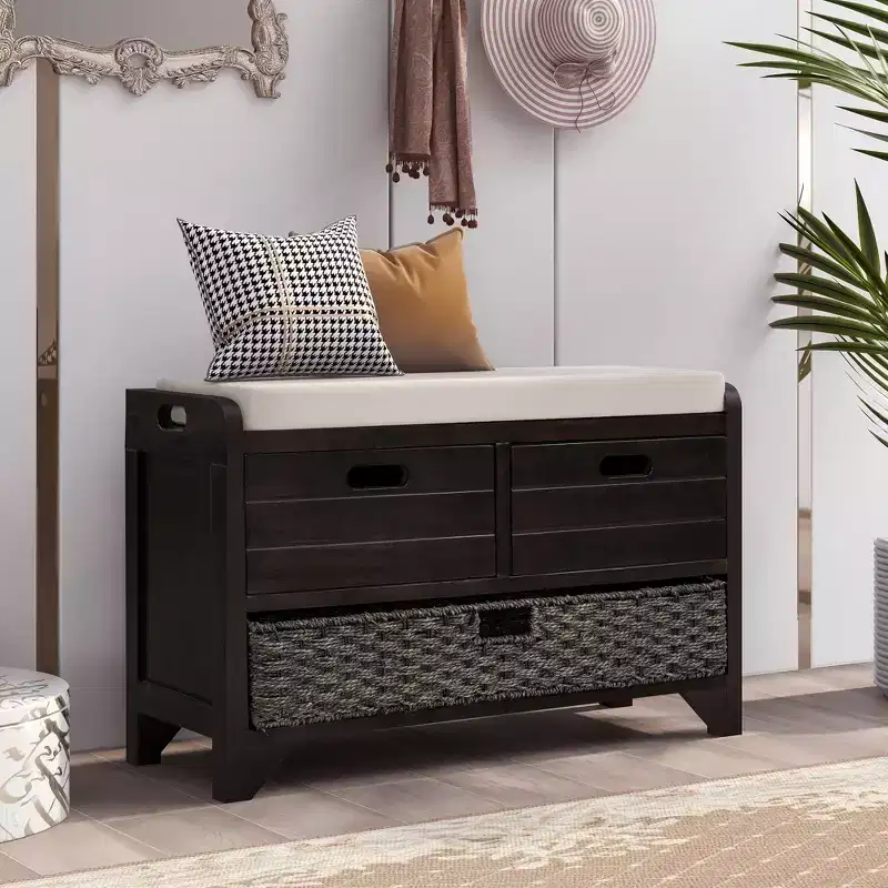 Storage Bench with 2 Drawers & Removable Basket, Acacia Wood, 32