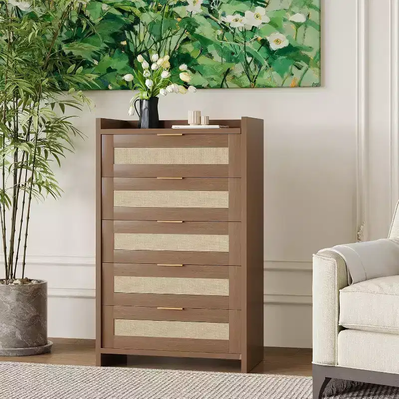 Boho 5-Drawer Rattan Dresser for Bedroom, Large Wooden Chest of Drawers Storage Cabinet for Clothes, Nightstand Organizer for Hallway, Living Room