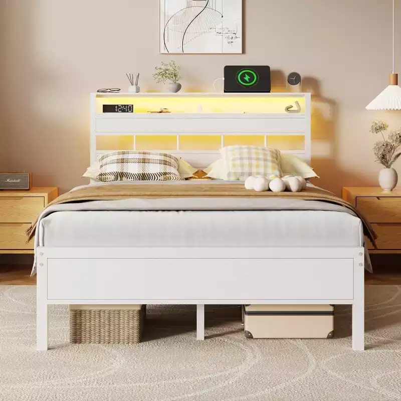 White Full Size Bed Frame With LED Lights Charging Station Storage Headboard Metal Platform No Box Spring Needed Gaming Bedroom Furniture USB Teen