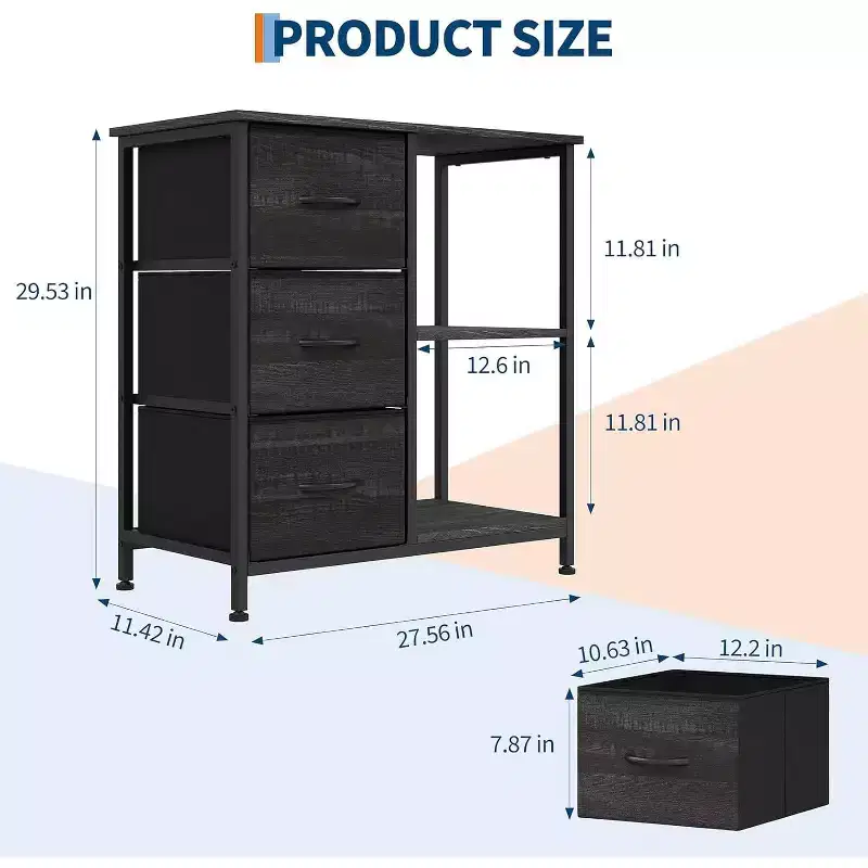 COZONY Modern 3 Drawer File Cabinet, Printer Stand w/ 2 Open Storage Shelves, Fabric Filing Cabinet Under Desk Office Organization for Home/Office