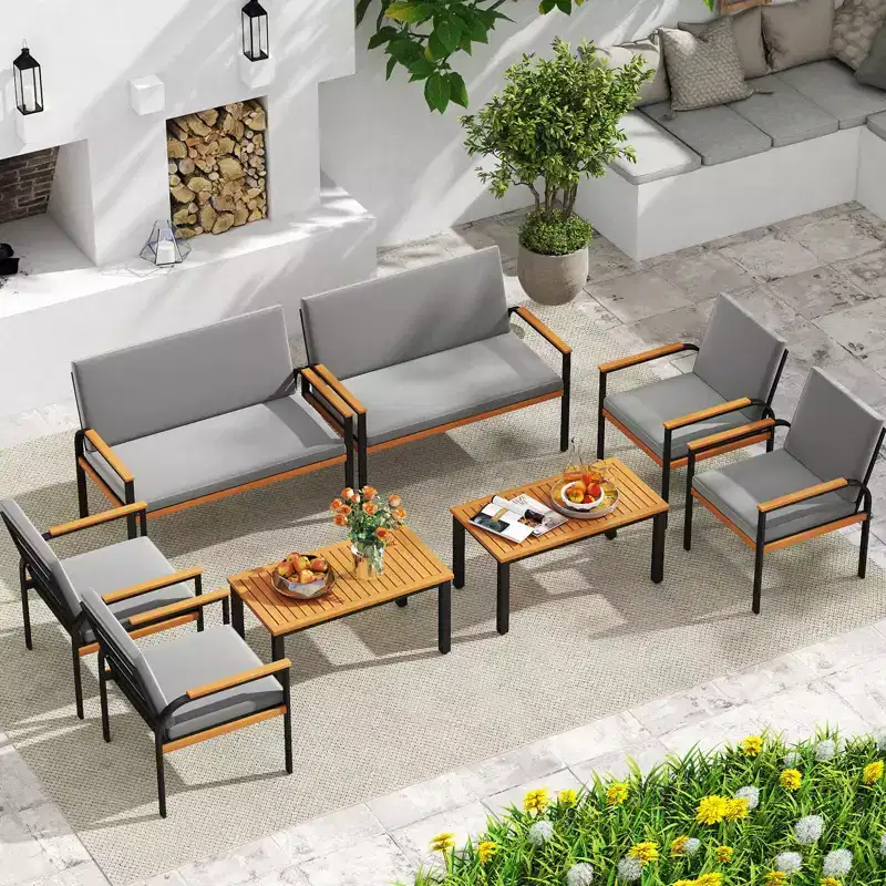 Costway 8 Piece Patio Furniture Set with Coffee Table, Loveseat & 4 Single Chairs for Porch Black/Gray