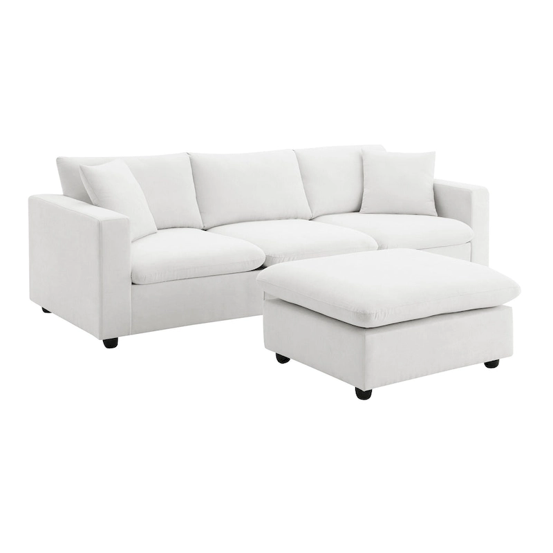 L-shaped Polyester Fabric Couch Set with 2 Free Pillows and Convertible Ottoman