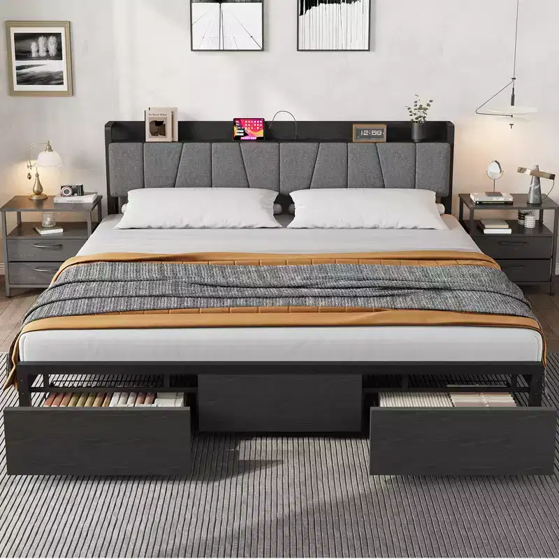 King Platform Bed Frame with Upholstered Headboard, Charging Station, 2 Storage Drawers, 12 Legs, 800 lb Capacity, No Box Spring Needed