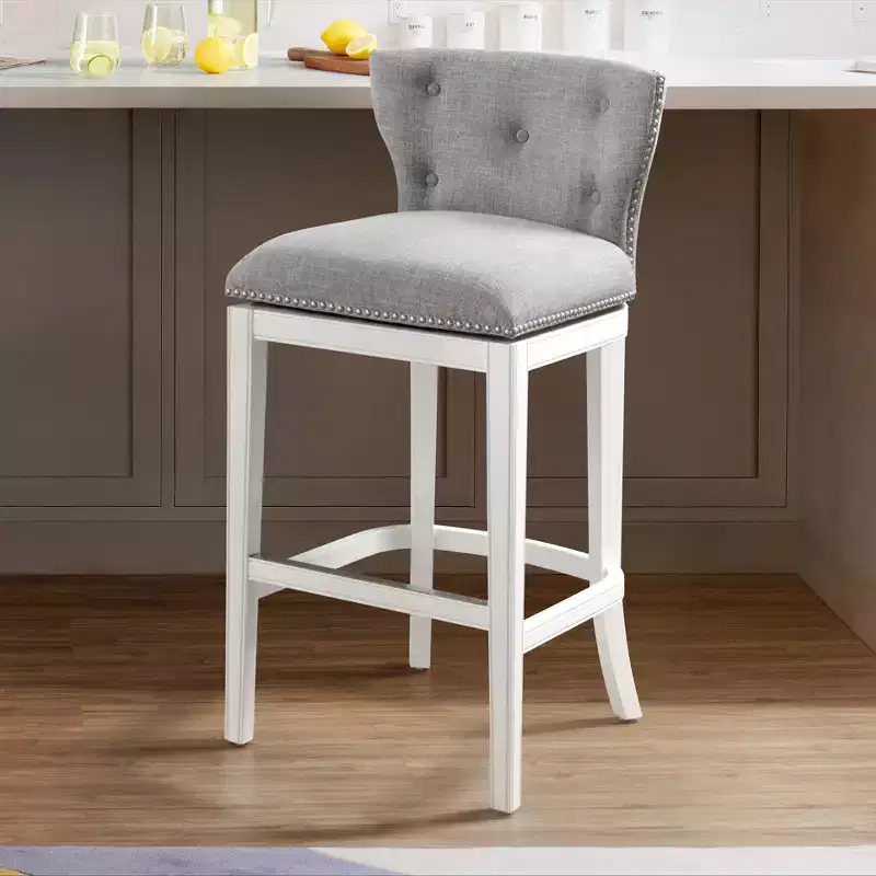 Miranda Swivel Bar Height Stool White: Upholstered Back, Nailhead Trim
