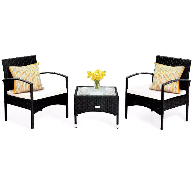 Costway 3 PCS Furniture Set Table & 2 Chair Patio Wicker Rattan W/Cushion