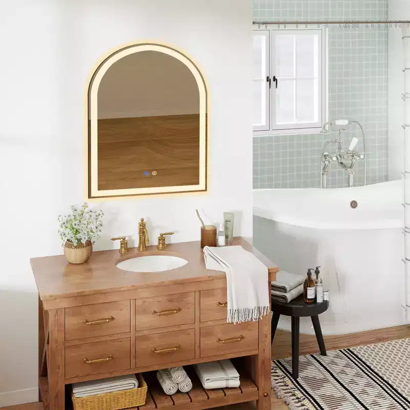 Okak Modern Arched Glass Bathroom Mirror with Dual Light Source & Three Dimmable Modes,Wall Mirror Vanity Mirror for Bathroom