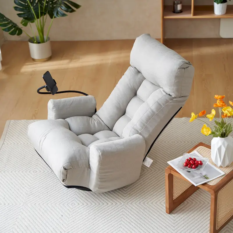 Gray Swivel Recliner with Phone Holder, Adjustable Headrest