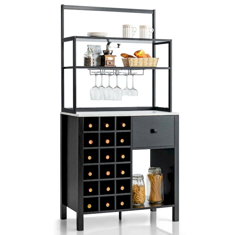 Gymax Kitchen Bakers Rack Freestanding Wine Rack Table w/ Glass Holder