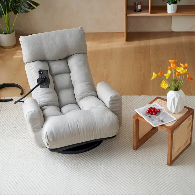 Gray Swivel Recliner with Phone Holder, Adjustable Headrest