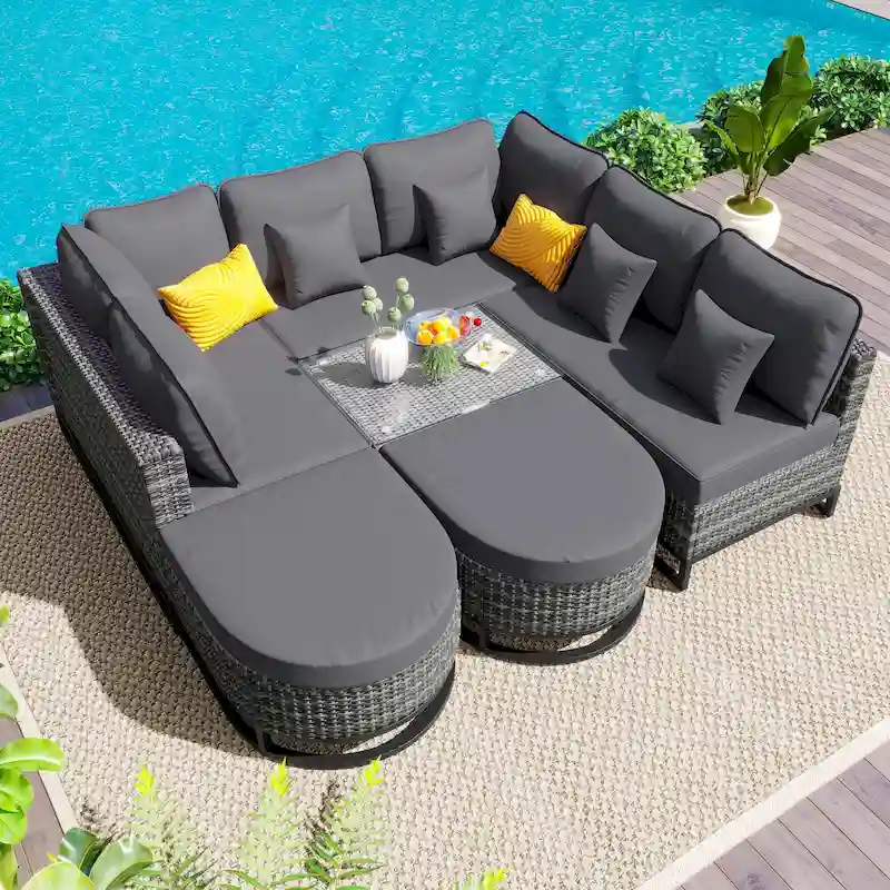 7-Pieces Large Size Wicker Sofa Set with 2 Coffee Table & Pillows