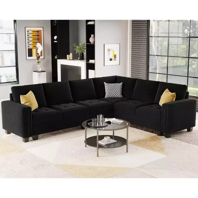 Modular Velvet Tufted L-Shaped Sectional Sofa with Storage Ottoman, 6-Seater