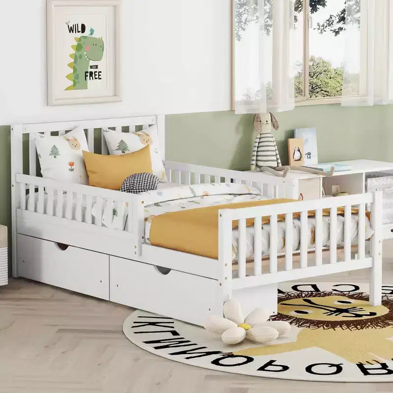 Twin Size Wood Platform Bed with Guardrails and Two Storage Drawers, White