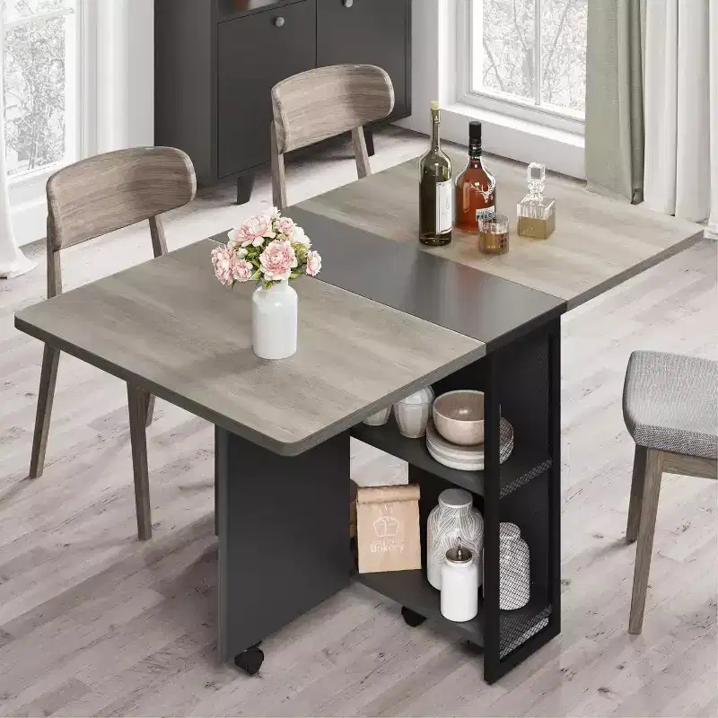 Space-Saving Foldable Dining Table for 4 with Drop Leaf, 2 Storage Shelves, and 6 Wheels for Easy Mobility