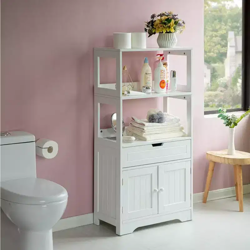 Tall Freestanding Wooden Storage Vanity, Kitchen Pantry, and Bathroom Cabinet Organizer, with 2 Open shelves, A drawer and 2 Door Cabinet, White