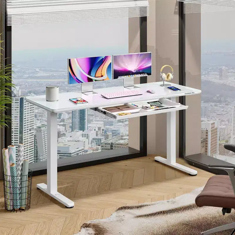GALAXHERO 55 Inch Electric Standing Desk with Drawers, Whole-Piece Glass Adjustable Height Desk, Quick-Install Stand Up Desk,White