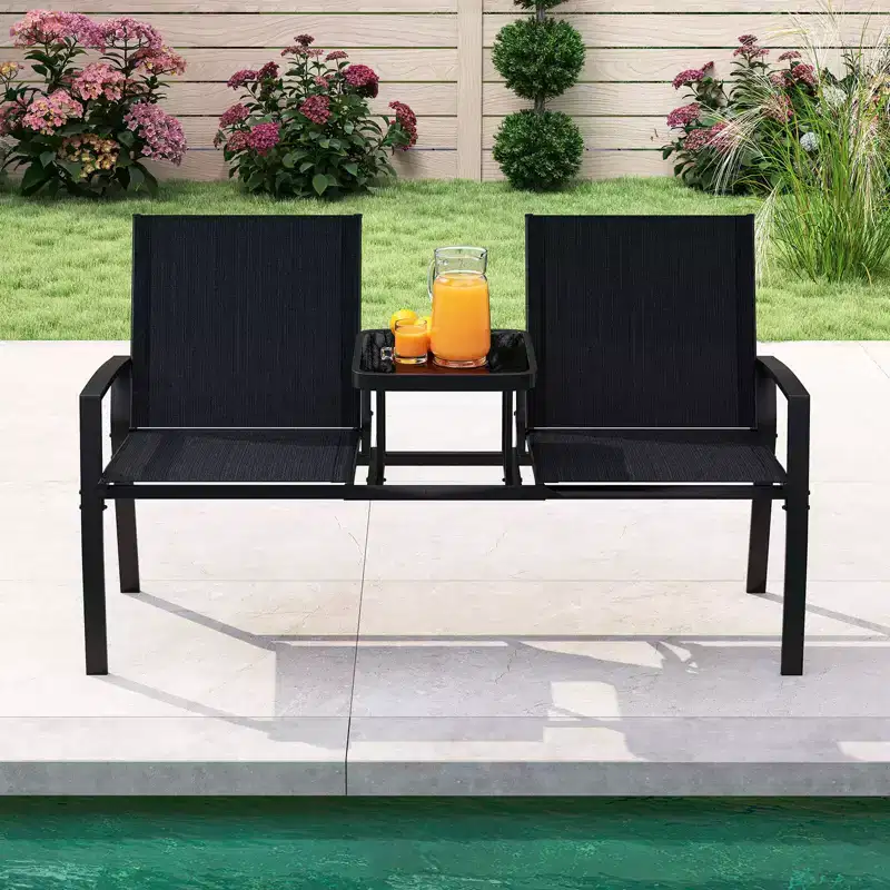 Costway Patio Loveseat with Built-in Table, Breathable Fabric Back and Seat, Metal Frame Black
