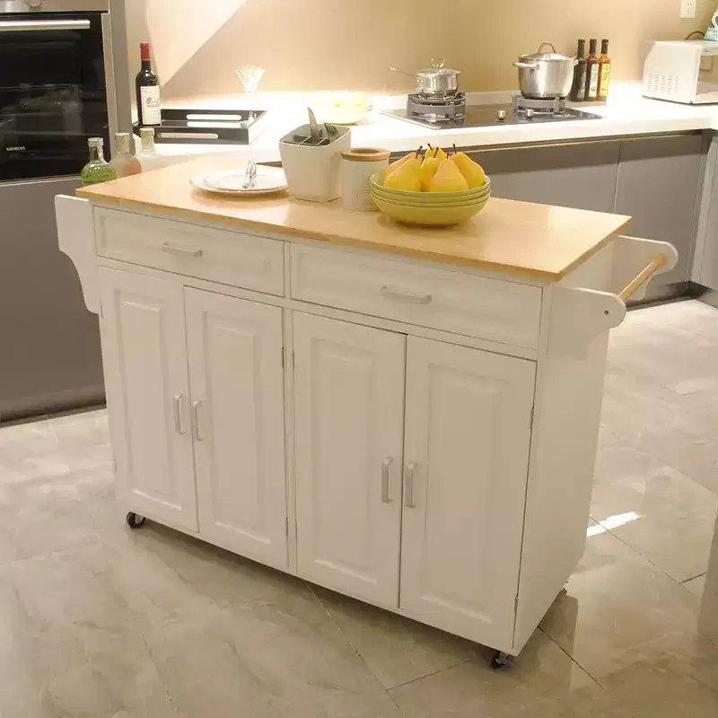 Mobile Kitchen Island with Rubber Wood Top, Kitchen Cart with Ample Adjustable Shelf Inside Cabinet and Drawers, Rolling Kitchen Island, White