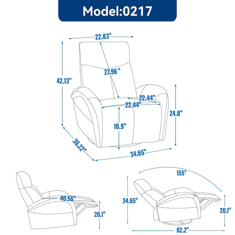 Blue Genuine Leather Power Recliner with Swivel & USB Charging