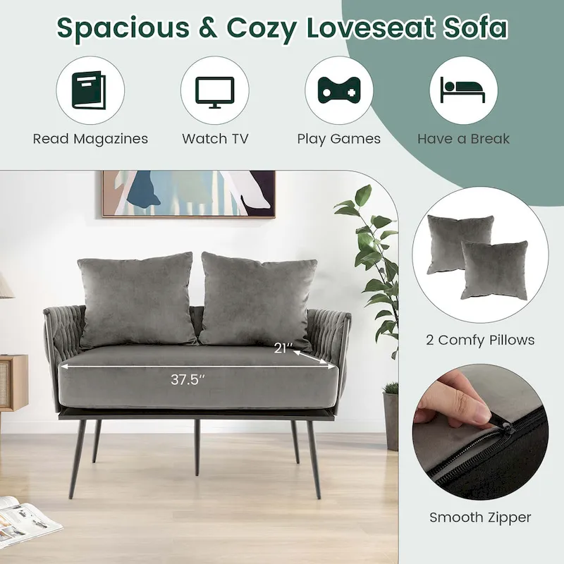 Costway Modern Loveseat Sofa Upholstered Dutch Velvet Couch with Woven - See Details