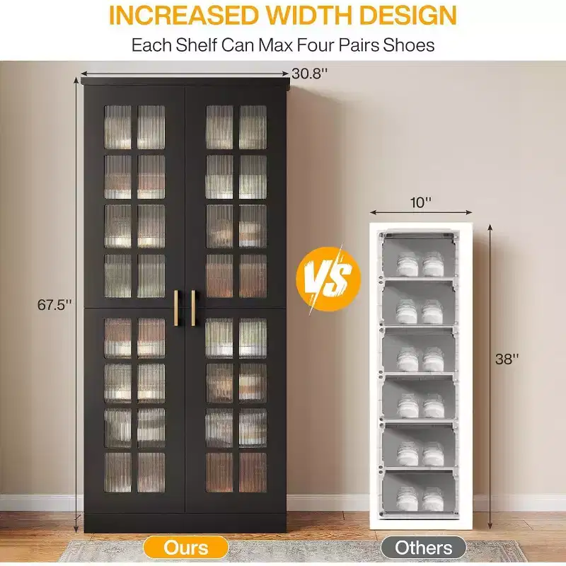 Tall Shoe Cabinet with Doors, 8-Tier Shoe Storage with Adjustable Shelves, Modern Shoe Rack Cabinet for Hallway, Closet, Living Room, White