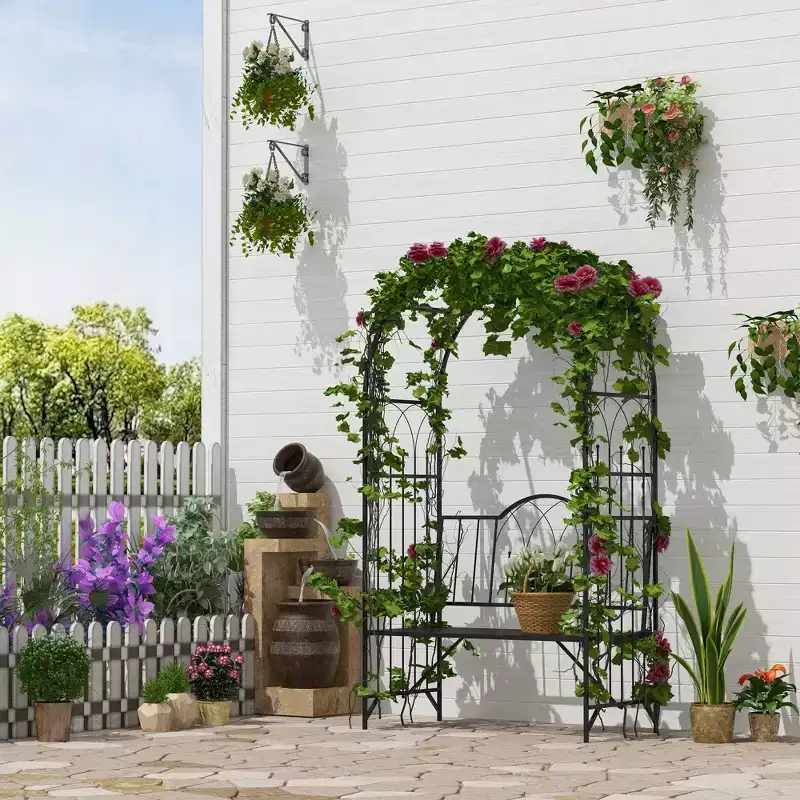 Outsunny Metal Trellis Arbor Arch for Climbing Plants with Garden Bench, Grow Grapes & Vines, Interlacing Decorative Seating, Black