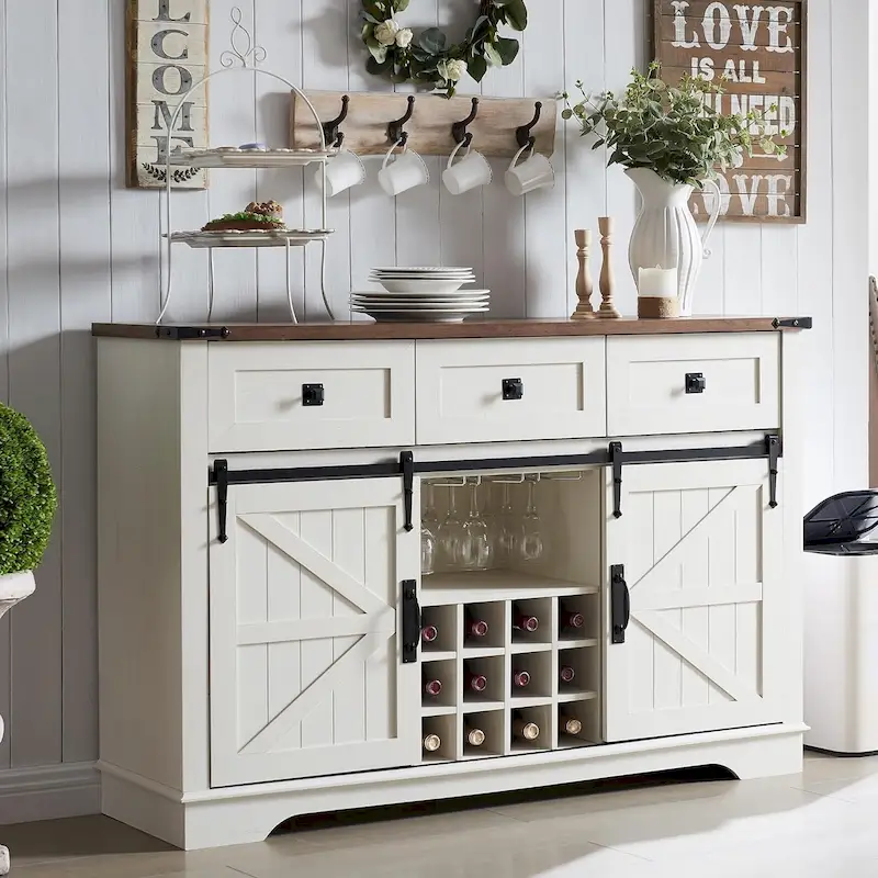 Farmhouse Bar Cabinet, Coffee/Wine Bar Cabinet w/Wine & Glass Rack