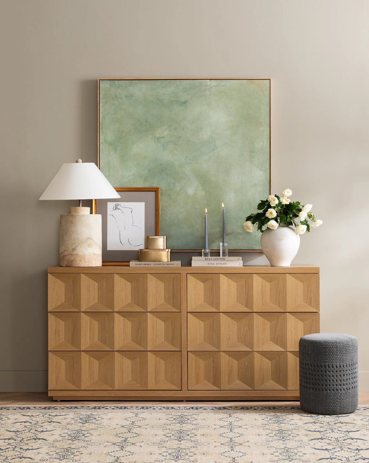 Artisan White Oak Dresser with Geometric Motifs & Spacious Storage for Bedroom