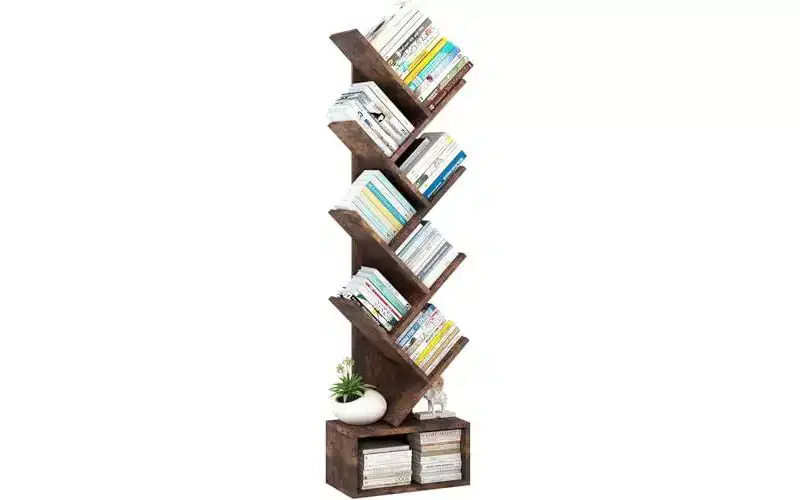 Wooden Tall Tree Bookshelf with Storage, Corner Bookshelf for Living Room, Bedroom, Home Office