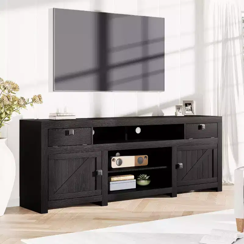 Farmhouse TV Stand for Tv Up to 80 Inches, Long Entertainment Center with 4 Storage Drawers & 3 Open Shelf for Living Room, Bedroom - Black