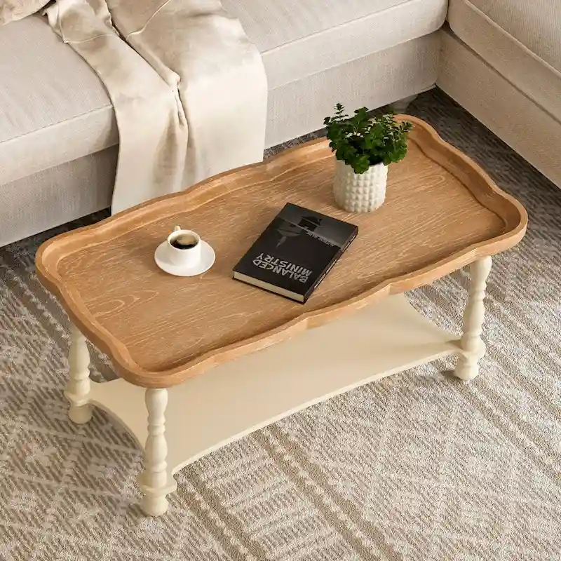 French Farmhouse Coffee Table with Natural Tray Top and Shelf