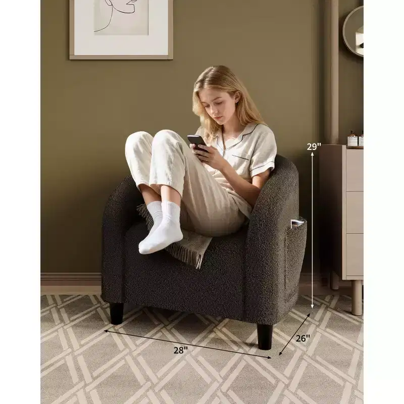Gray Boucle Fabric Accent Chair - Plush and Supportive Armchair for Living Room, Bedroom or Office