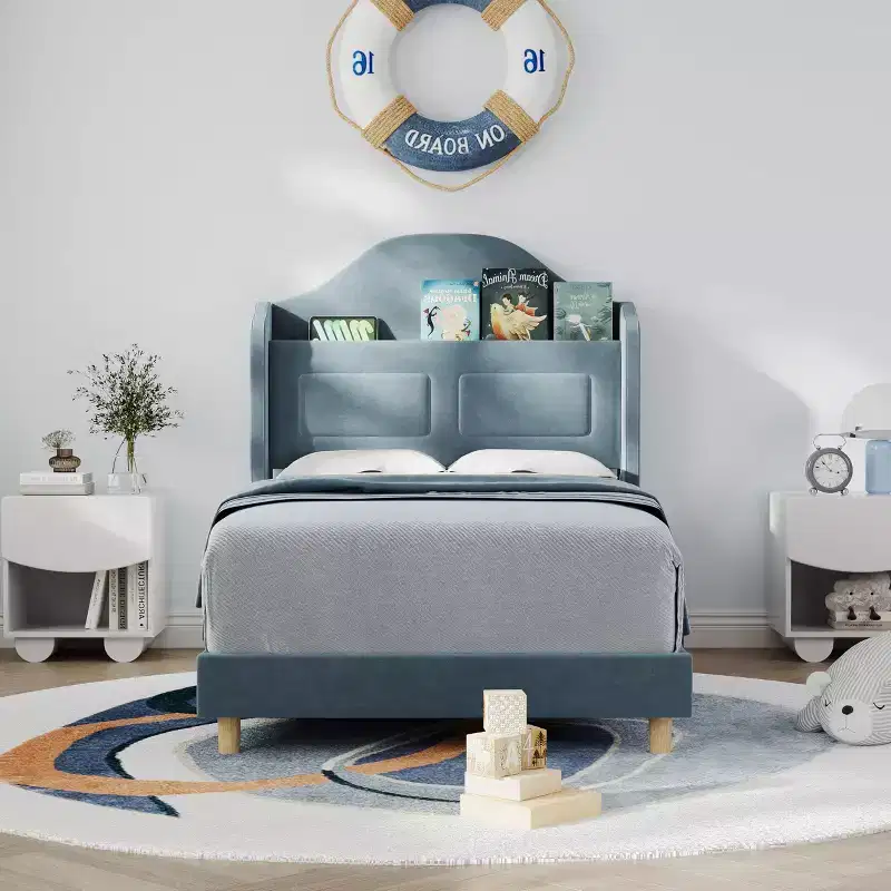 GustoWave Upholstered Twin Bed Frame, with Wing Back Storage Headboard and Led Lights