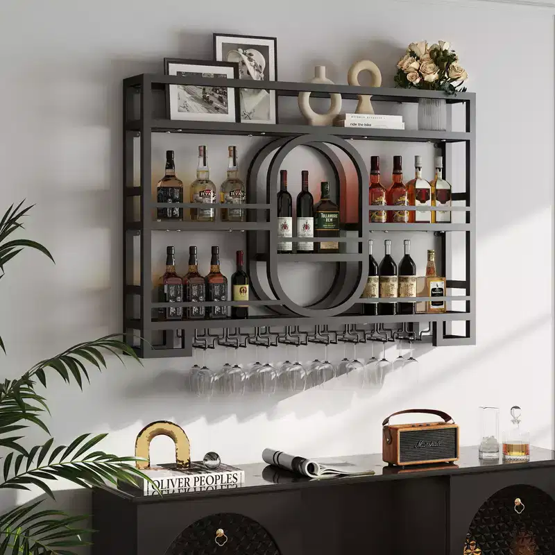 Bekrvio 39/47 Wall Mounted Wine Rack, Metal Floating Bar Shelves with Wine Glass Holder, Industrial Liquor Shelf for Home Bar Kitchen Dining