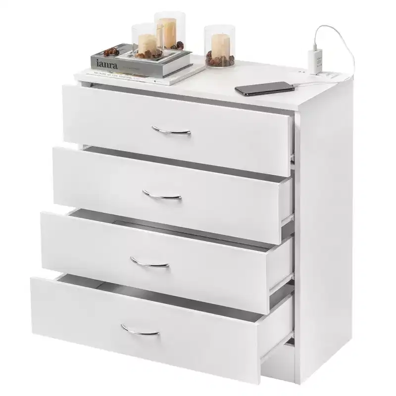 PB Wood Simple 4-Drawer Nightstand with USB Ports & Outlet, White