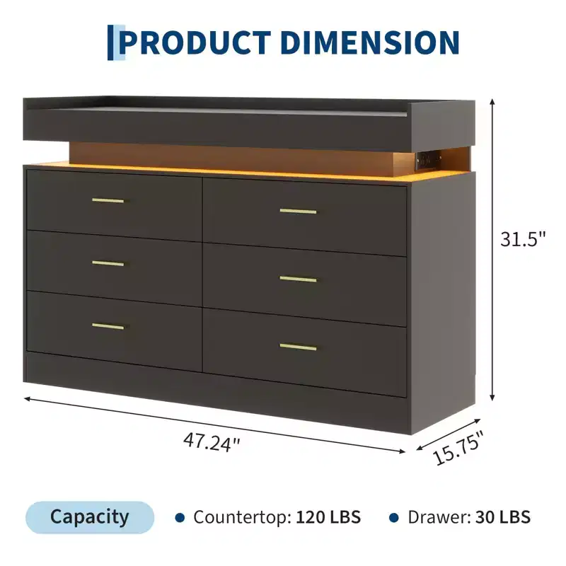 Modern 6-Drawer Dresser, TV Stand & Storage Cabinet with Floating Top, Neutral Sideboard for Living Room, Bedroom, or Dining