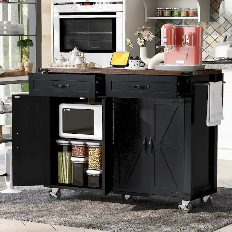 53.5Farmhouse Kitchen Island with Power Outlet, Kitchen Storage Island with Drop Leaf, Spice Rack and Drawer