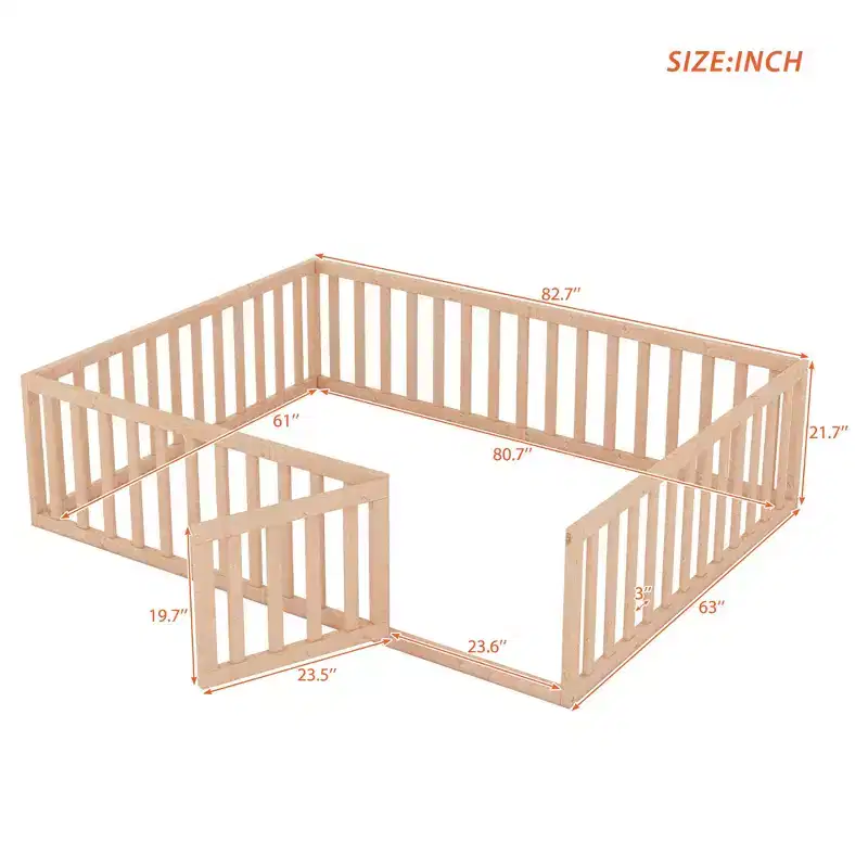 Luxystar Queen Size Wooden Floor Bed Frame with Fence and Door